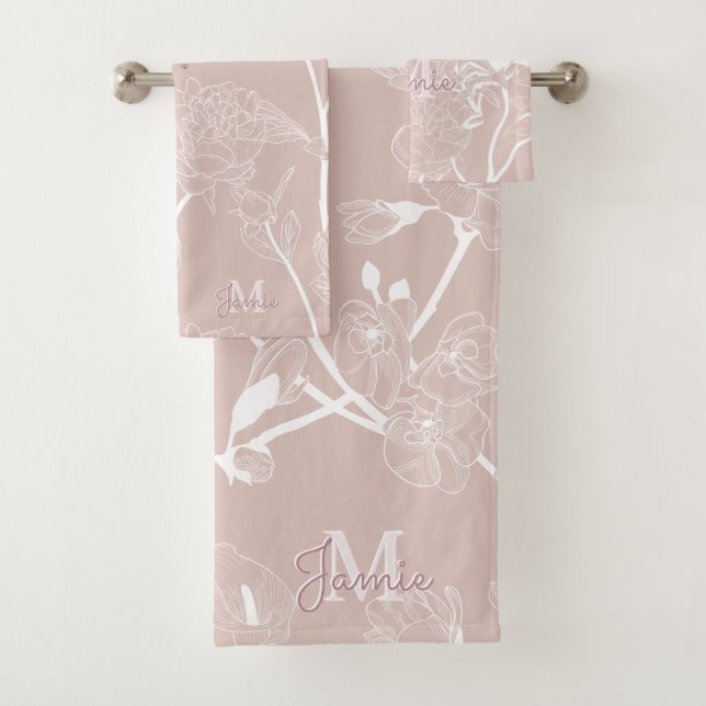 Monogram Metallic Rose Gold Glitter & Mauve Floral Bath Towel Set (Insitu)