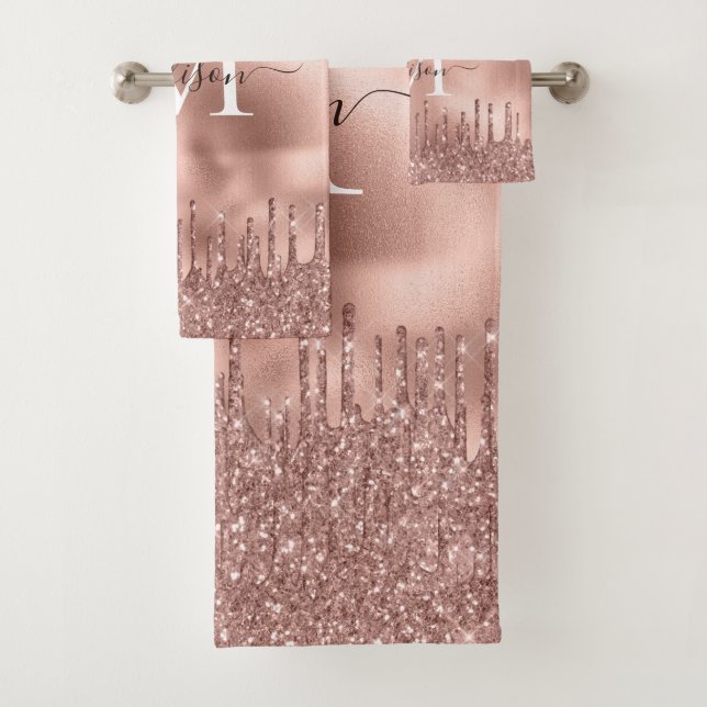 Monogram Metallic Rose Gold Pink Dripping Glitter Bath Towel Set (Insitu)