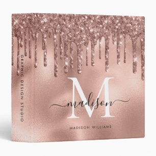 Monogram Metallic Rose Gold Pink Dripping Glitter Binder