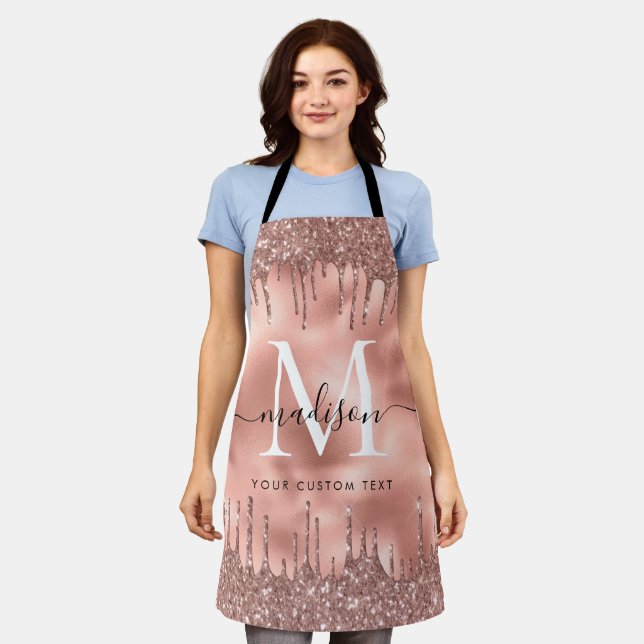 Monogram Metallic Rose Gold Pink Glitter Drips Apron (Worn)