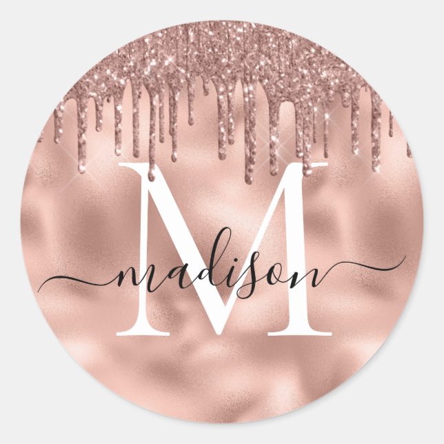 Monogram Metallic Rose Gold Pink Glitter Drips Classic Round Sticker (Front)