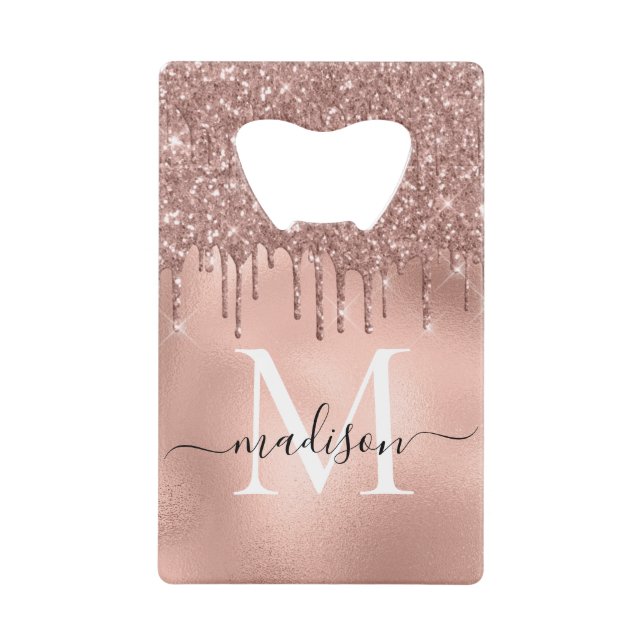 Monogram Metallic Rose Gold Pink Glitter Drips Credit Card Bottle Opener (Front)