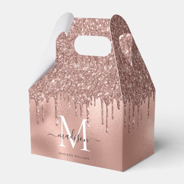 Monogram Metallic Rose Gold Pink Glitter Drips Favor Box (Front Side)