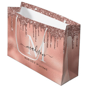 Monogram Metallic Rose Gold Pink Glitter Drips Large Gift Bag