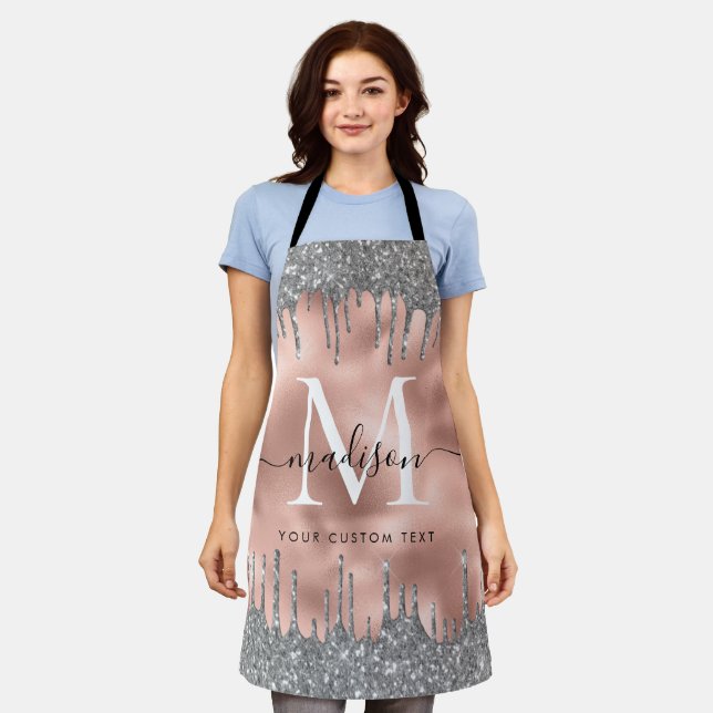 Monogram Metallic Rose Gold Silver Glitter Drips Apron (Worn)