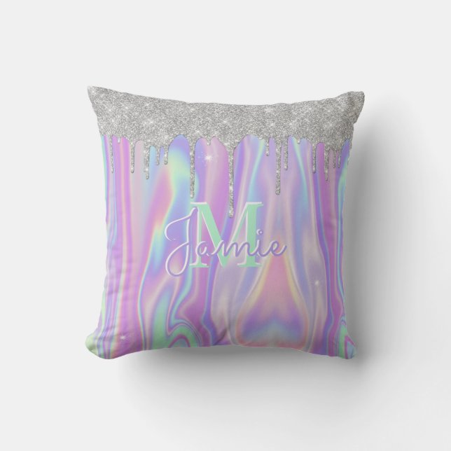 Monogram Metallic Silver Glitter Drip & Iridescent Throw Pillow (Front)