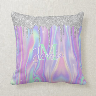 Monogram Metallic Silver Glitter Drip & Iridescent Throw Pillow