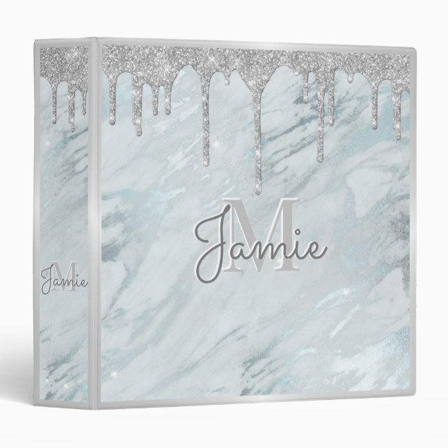 Monogram Metallic Silver Glitter & Platinum Marble Binder (Front/Spine)