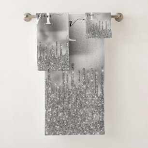  Monogram Metallic Silver Grey Dripping Glitter Bath Towel Set