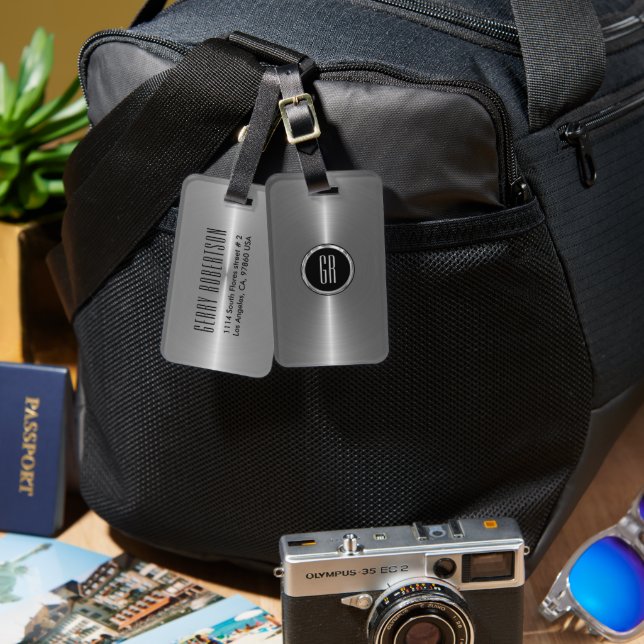 Monogram Metallic Silver Stainless Steel Look Luggage Tag (Front & Back)