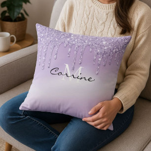 Monogram Metallic Violet Purple Dripping Glitter Throw Pillow
