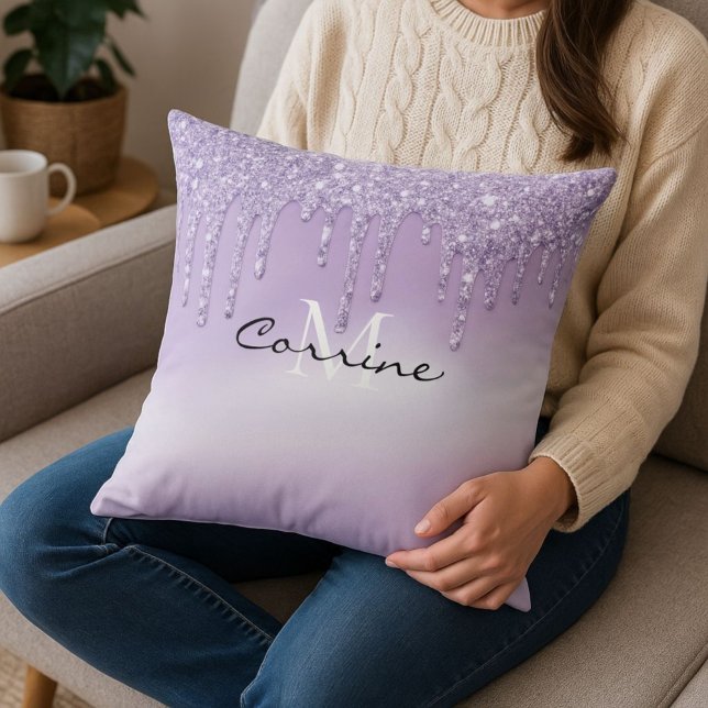 Monogram Metallic Violet Purple Dripping Glitter Throw Pillow (In-situ)