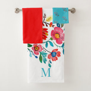 Monogram Mexican Floral Colourful Boho Bath Towel Set