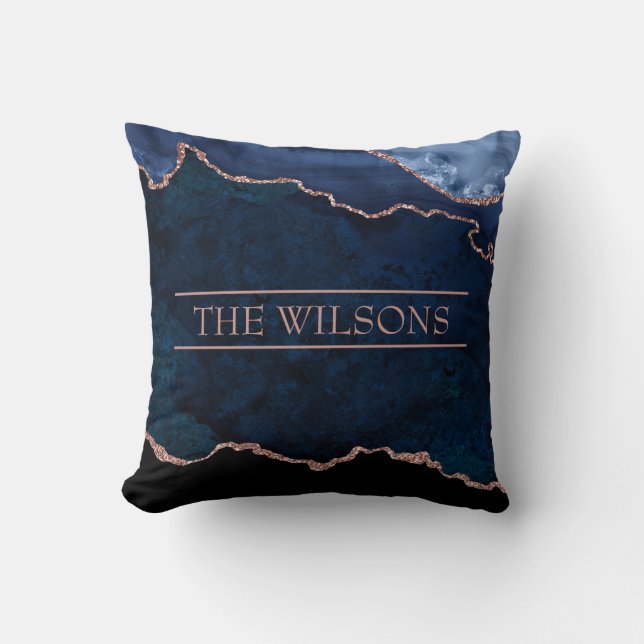 Monogram Midnight Blue Abstract Elegant Marble Throw Pillow (Front)