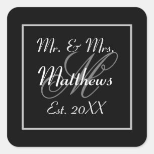 Monogram Minimal Black and White Wedding Favour Square Sticker