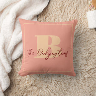 Monogram minimal calligraphy peach yellow boho throw pillow