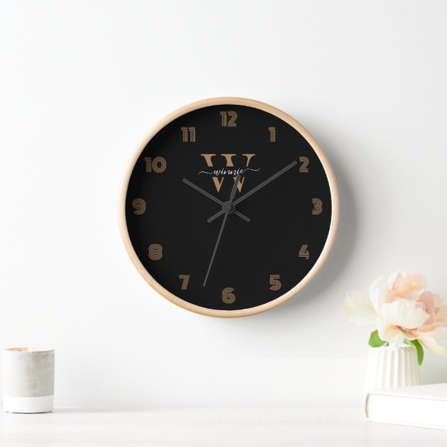 Monogram Minimal Elegant Black Gold Script Name  Clock (Home)