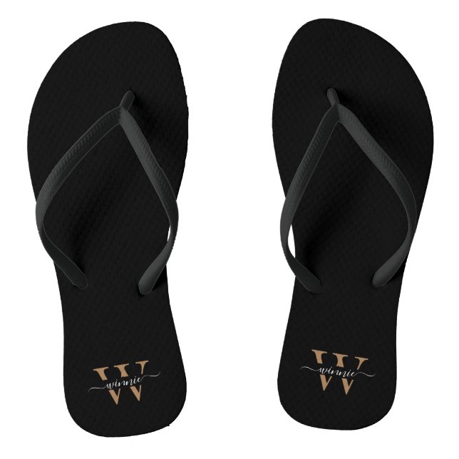 Monogram Minimal Elegant Black Gold Script Name  Flip Flops (Footbed)