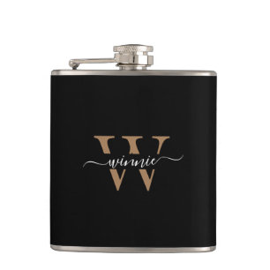 Monogram Minimal Elegant Black Gold Script Name Hip Flask