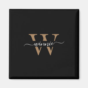Monogram Minimal Elegant Black Gold Script Name  Magnet