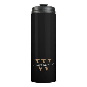 Monogram Minimal Elegant Black Gold Script Name  Thermal Tumbler