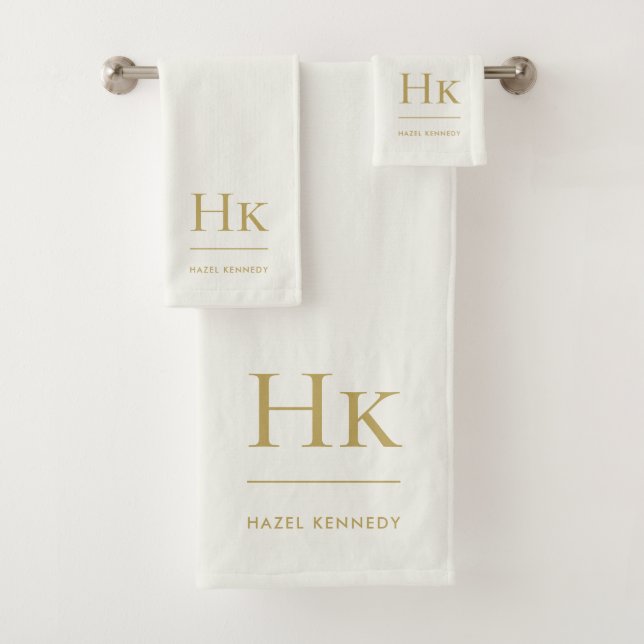 Monogram Minimal Elegant Ivory Gold Stylish Simple Bath Towel Set (Insitu)