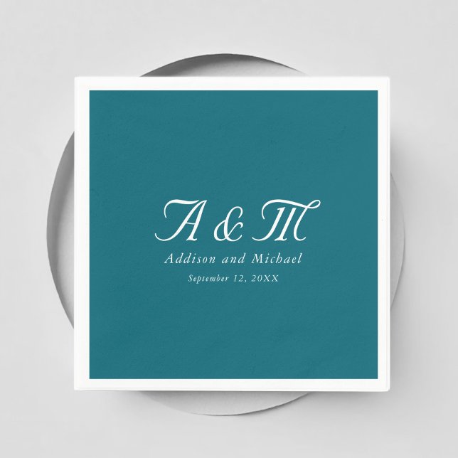 Monogram, Minimal, Elegant, Petrol, Wedding Napkin (Monogram, Minimal, Elegant, Petrol, Wedding Napkins with your name and date.)