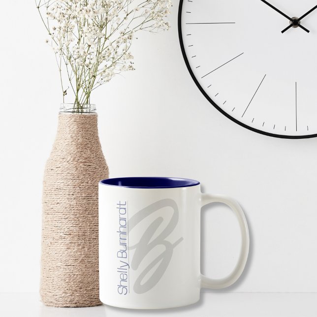 Monogram Minimal Modern Script Navy Grey Bold  Two-Tone Coffee Mug (Creator Uploaded)