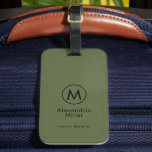 Monogram Minimal Olive Green Black Luggage Tag<br><div class="desc">A minimalist monogram design with large typography initial in a stylish elegant font with your name and title or custom text below on a simple olive green background. A perfect custom gift or accessory.</div>