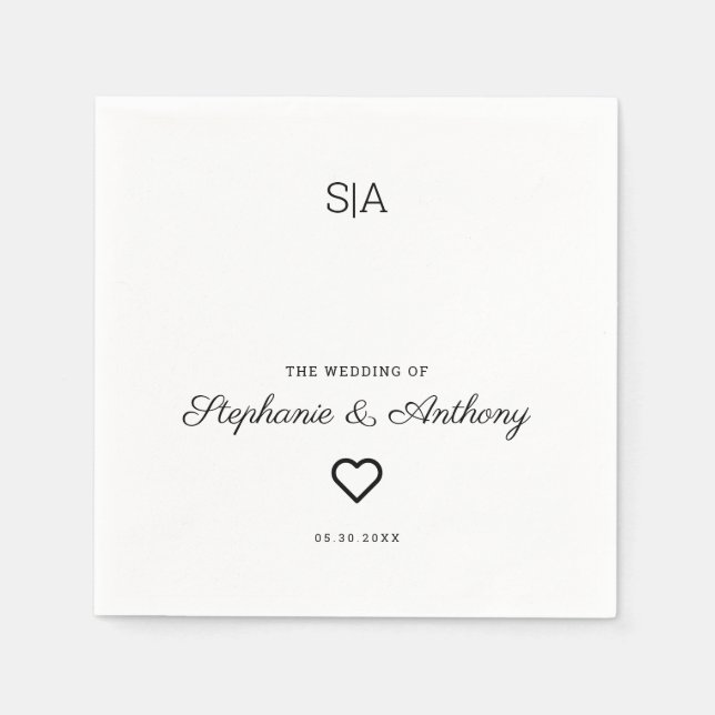 Monogram Minimalist Black and White Heart Wedding  Napkin (Front)