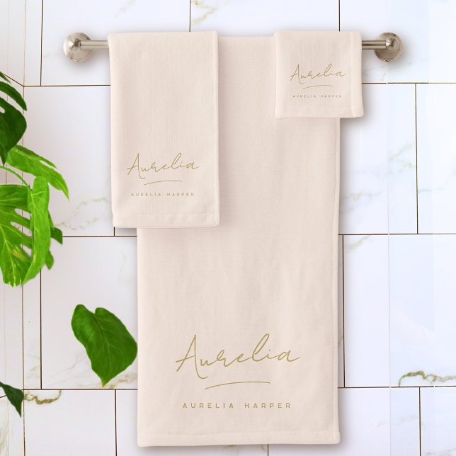 Monogram Minimalist Blush Pink Script Signature Bath Towel Set (Creator Uploaded)