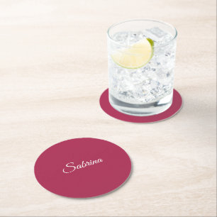 Monogram minimalist cherry rose pink round paper coaster
