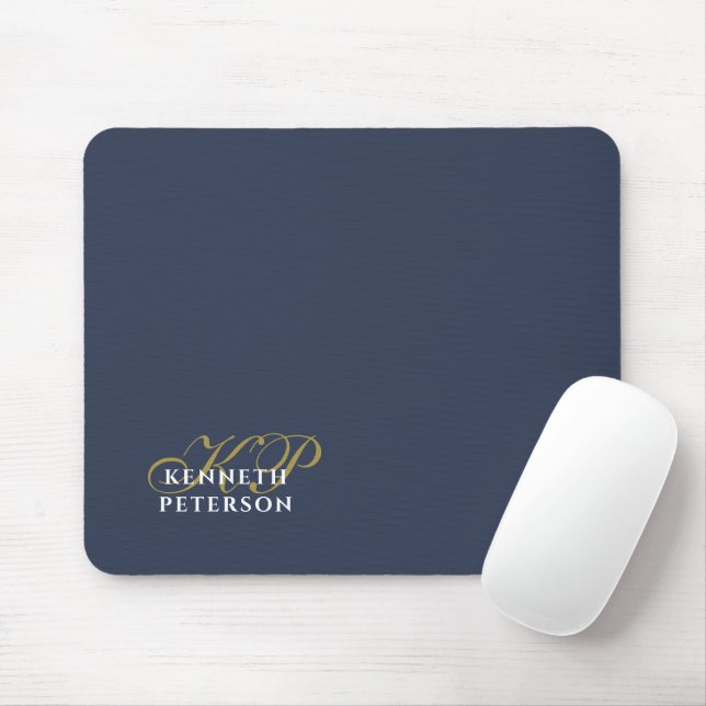 Monogram Minimalist Dusty Navy Blue Gold White Man Mouse Pad (With Mouse)