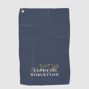 Monogram Minimalist Dusty Navy Blue Gold White Men Golf Towel