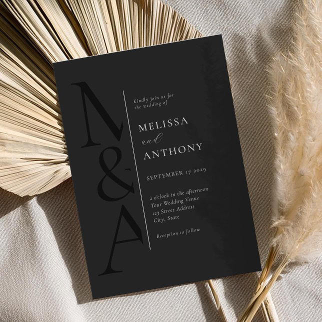 Monogram Minimalist Matte Black Modern Wedding Invitation (Creator Uploaded)