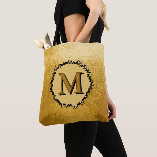 Monogram minimalist simple black faux gold tote bag (Close Up)