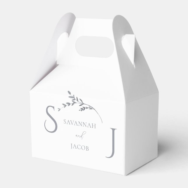 Monogram Minimalist White & Silver Modern Wedding Favor Box (Front Side)