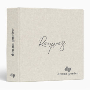 Monogram Minimalistic Beige Linen Recipes Binder