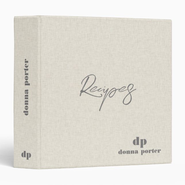 Monogram Minimalistic Beige Linen Recipes Binder (Front/Spine)