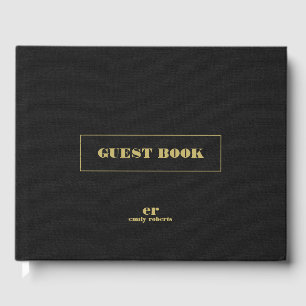 Monogram Minimalistic Black Linen Gold Typography Guest Book