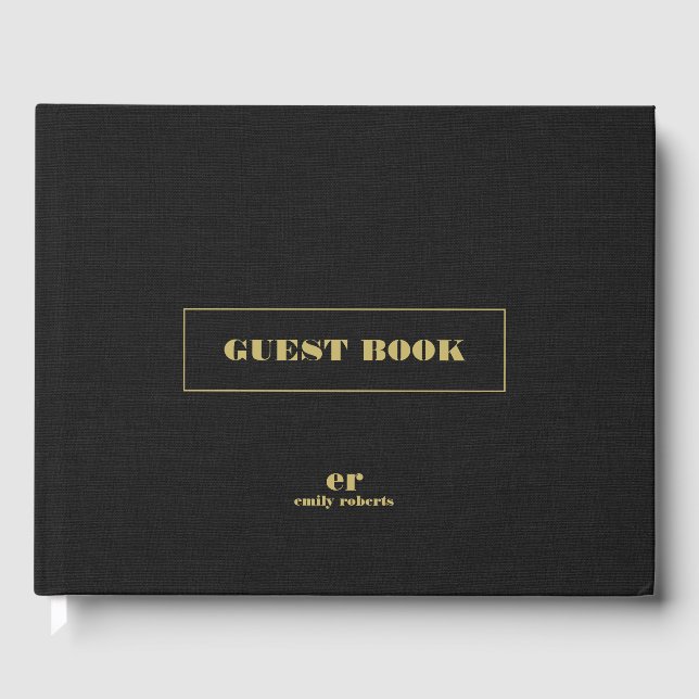 Monogram Minimalistic Black Linen Gold Typography Guest Book (Front)