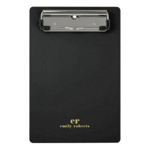 Monogram Minimalistic Black Linen Gold Typography Mini Clipboard