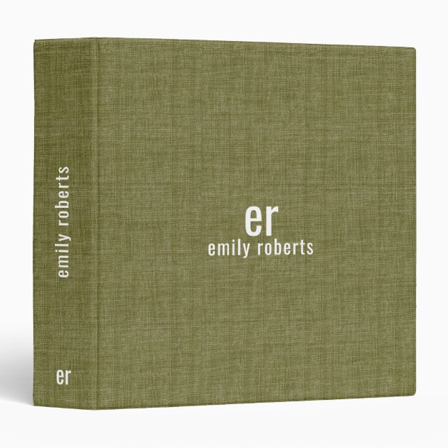 Monogram Minimalistic Olive Green Linen Texture Binder (Front/Spine)