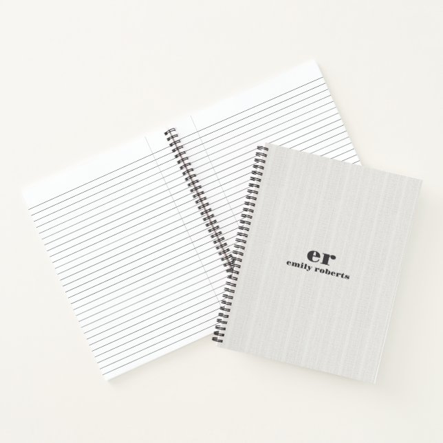 Monogram Minimalistic White Burlap Gray Typography Notebook (Inside)