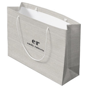 Monogram Minimalistic White Burlap Grey Typography Large Gift Bag