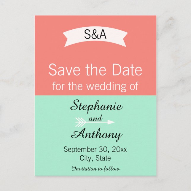 Monogram Mint and Coral Colour Block Save the Date Announcement Postcard (Front)