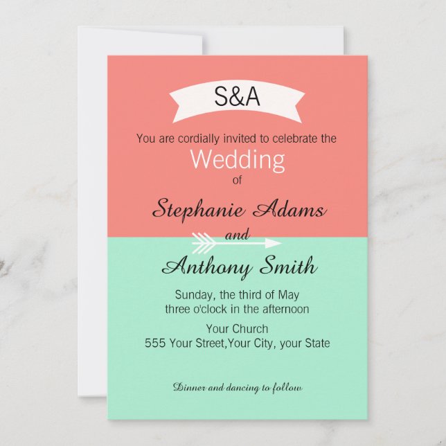 Monogram Mint and Coral Colour Block Wedding Invitation (Front)