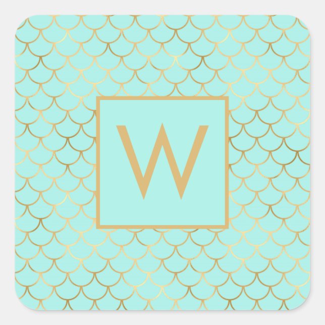 Monogram Mint and Gold Mermaid Scales Square Sticker (Front)