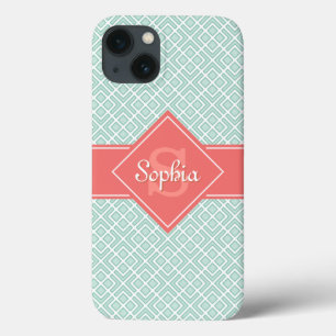 Monogram Mint Coral Name Diamond Pattern iPhone 13 Case