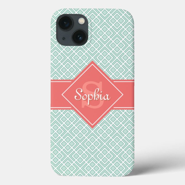 Monogram Mint Coral Name Diamond Pattern Case-Mate iPhone Case (Back)